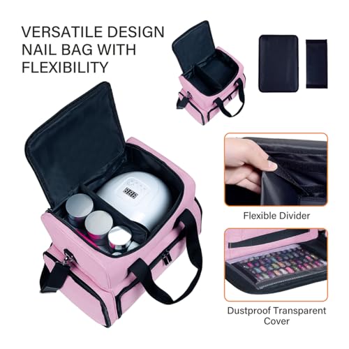 Nail Polish Organizer Holds 80 Bottles & Nail Art Lamp, Portable Large Capacity Storage with 2 Removable Storage Bags Store Nail Art Tools, Suitable for Manicurists and Manicure Enthusiasts(Pink)