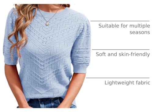 Caramitty Womens Puff Sleeve Short Sleeve Knit Sweater, Blue, X-Large
