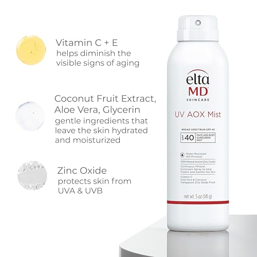 EltaMD UV AOX Mist Mineral Sunscreen Spray SPF 40, Broad Spectrum Face and Body Sunscreen with Zinc Oxide, 100% Mineral Active, Hydration Boost with Antioxidants, Moisturizer with SPF 40, 5 oz