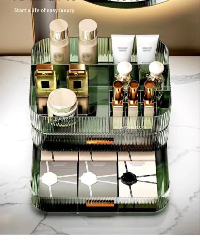 Makeup Organizer with Stackable Drawers and Tray - Clear Green, Tray & Drawer