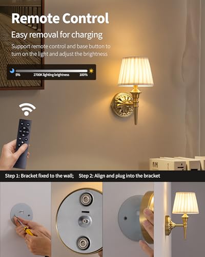 KDG Set of 2 Gold Wall Sconces with Beige Fabric Shades, Dimmable Touch-Control Lamps, Wireless Rechargeable LED Wall Lights