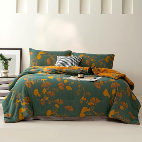 Purefair Green Yellow 100% Cotton Muslin Jacquard Comforter Set - King, Reversible Floral Ginkgo Print, All-Season Bedding