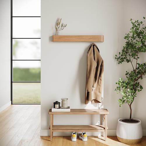 Wall-Mounted Coat Rack with 8 Hooks and Hidden Wall Hooks - Oak Finish
