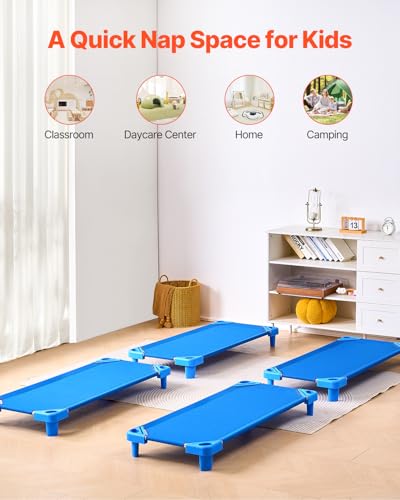 VEVOR 4-Pack Stackable Toddler Nap Cots - Portable Daycare Beds, 52" x 23", Blue
