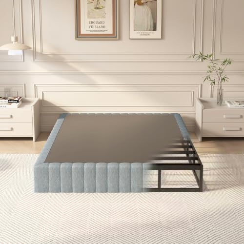 Full Size Metal Box Spring with Upholstered Fabric Cover - 9 Inch High Profile, Heavy Duty Bed Foundation, Black, Non Slip, Easy Assembly