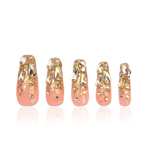 Press On Nails Stardust Gold Rhinestone - Reusable Full Cover Coffin Nails - Handmade 1.3 in - M Variation