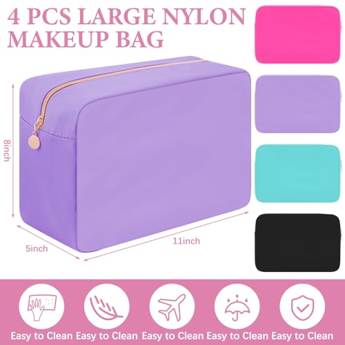 Hushee 4-Pack Nylon Makeup Bags for Women - Large, Black, Fuchsia, Mint, Grape