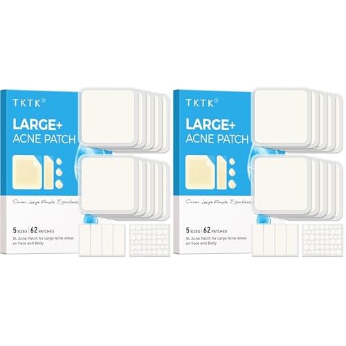 TKTK Large Pimple Patches, 60 mm XL Acne Patches, Big Hydrocolloid Bandages for Body, Face, Forehead, Chin, Neck Zit Breakouts, Hydrocolloid Patch (Square, Strip, Dot 5 Sizes 62 Count) (Pack of 2)