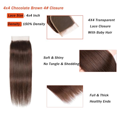 Chocolate Brown Closure #4 4x4 Free Part Human Hair Extensions 12 Inch - Straight Wave, Bleached Knots, Pre-plucked