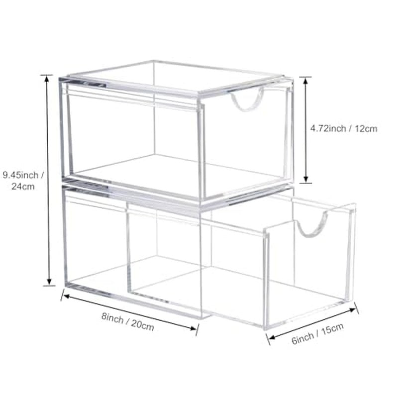 2 Pack Clear Stackable Storage Drawer, Bathroom Makeup Organizer, Plastic Storage Bins, Acrylic Organization and Storage for Vanity, Kitchen Cabinets, Pantry, Undersink