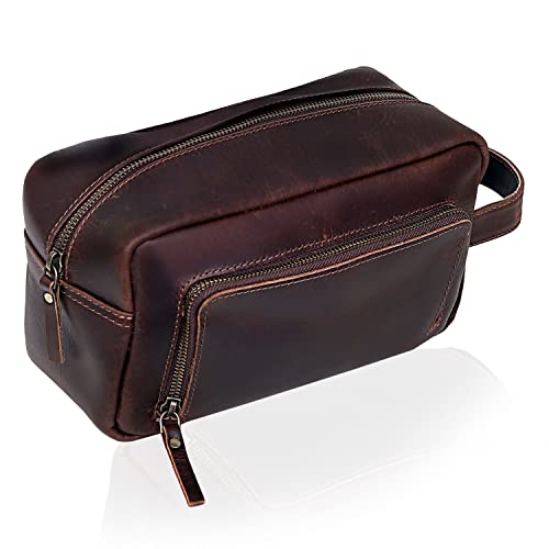 Leather Men's Toiletry Bag Dopp Kit Travel Organizer - Dark Chocolate Brown