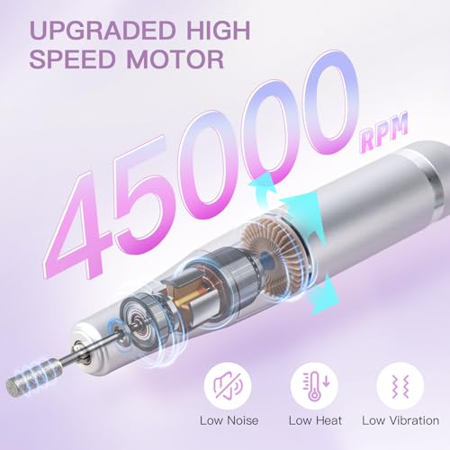 Madenia Rechargeable Professional Nail Drill Machine - 45000 RPM Portable Electric Nail File E File for Acrylic Gel Nails,Suitable for Salon Home Travel Manicure Use, Purple