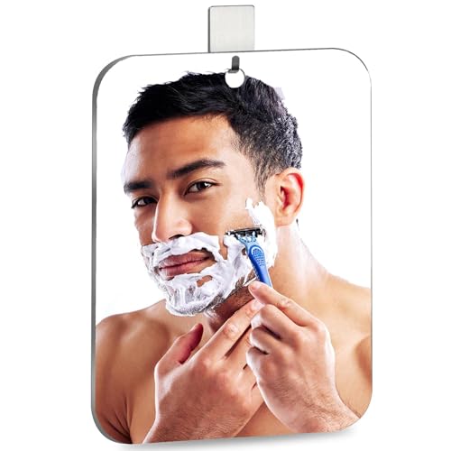 Shatterproof Shower Mirror for Shaving with Hook (Lager 11 x 7 inch) 40% Cheaper Than The Original,Unbreakable Deluxe Plexiglass Makeup Mirror,Bathroom Wall Hanging,Portable Handheld Camping