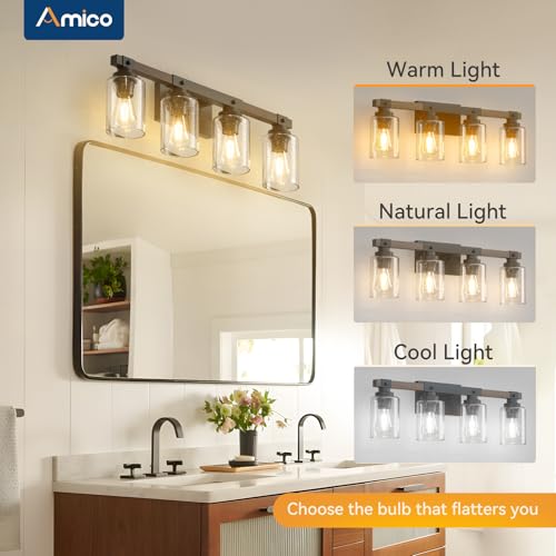 Amico 4-Light Farmhouse Bathroom Vanity Light - Seeded Glass, Black & Wood - Rustic Style