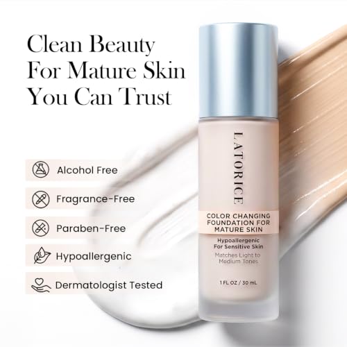 LATORICE Color Changing Foundation with Professional Brush - 1 Fl Oz, Light to Medium Tones, Hydrating, No Settling, Fragrance-Free