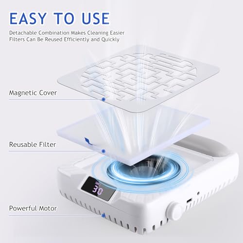 Rechargeable Nail Dust Collector White-2, Portable & Adjustable Nail Vacuum with LED Display