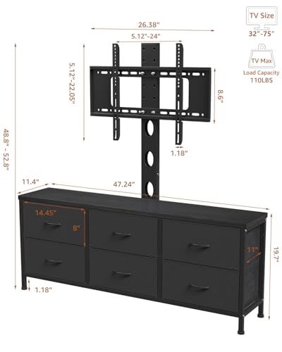 DrawXynth Black TV Stand with Mount and 6 Fabric Drawers for 32-75 Inch TVs