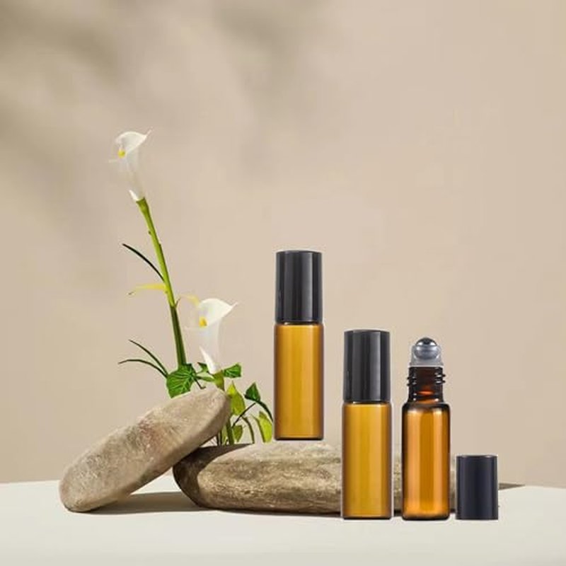 50Pcs Amber Glass Roller Bottles for Essential Oils 5ml Glass Roll on Bottles with Stainless Steel Roller Balls Mini Sample Vials Cosmetics Small Container (Amber, 5ml)