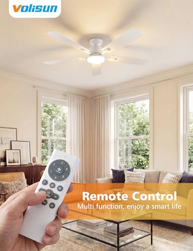 52 Inch Ceiling Fan with Lights - Flush Mount, Remote & App Control, Dimmable LED, Reversible & Quiet for Bedroom & Living Room - White / 52 Inch