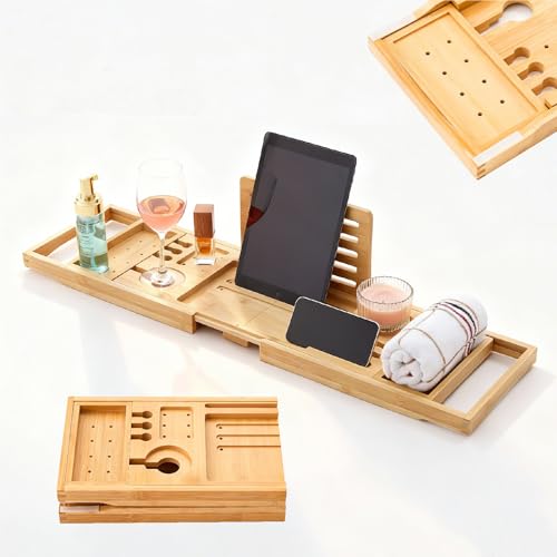 Natural Bamboo Bathtub Tray - Expandable & Foldable Bath Caddy with Spa-Style Holders - A-Natural Variation