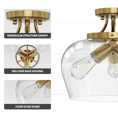 Gold Semi Flush Mount Ceiling Light with Clear Glass Shade - 13.8 Inch Modern Fixture