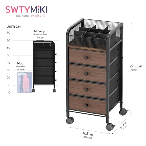 SWTYMIKI Rolling Makeup Organizer Cart - Floor Skincare Make Up Storage with 4 Non-woven Drawers, Vanity Organizer Cosmetic Display Cases Cabinet for Skin Care Perfume Nail Polish Brush Hair Tool