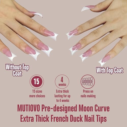 White French Tip Duck Feet Nail Tips Full Cover for Press on Acrylic with Moon Curve, BERRY PINK Extra Thick Medim Long, Flare Wide Soft Gel Fake False Nail Extension x 15 Sizes 150 pcs