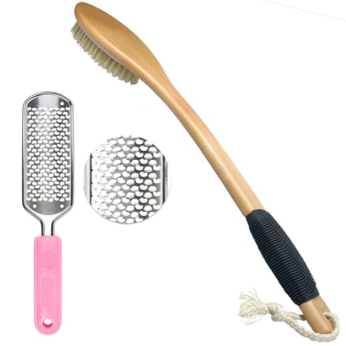 OWIIZI Back Scrubber Brush for Shower & Foot Scraper Callus Remover Set, Body Bath Brushes Long Handle Skin Exfoliator for Men Women Wet Dry Use, Foot Grater for Dead Skin Foot Scraper Pedicure Tools