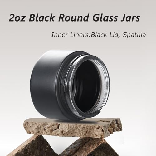 OverNews 2oz Black Glass Jar Travel Size Set 45PCS - Cosmetic & Lotion Containers with Lid & Spatula (Variation: HBlack)