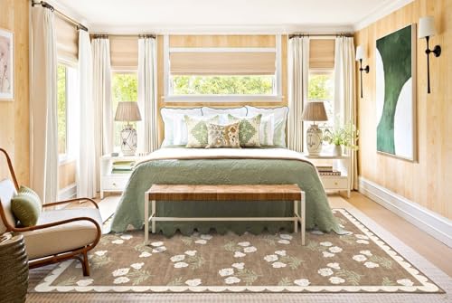 Boho Tan 6x9 Living Room Rug - Washable Floral Farmhouse Area Rug with Non-Slip Backing