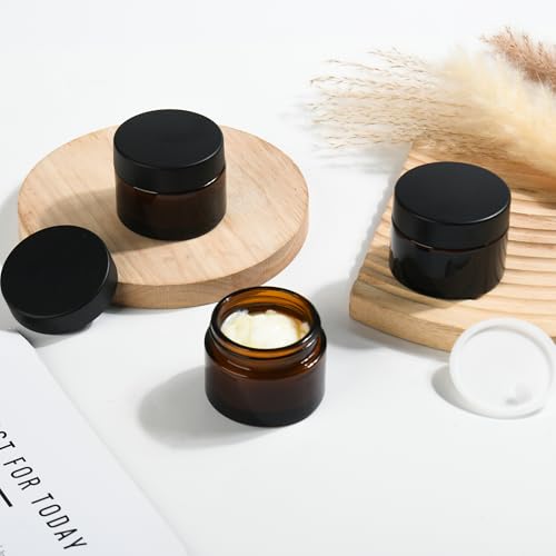Reusable Amber Glass Storage Jars 2 oz - Leak-Proof Wide Mouth Set