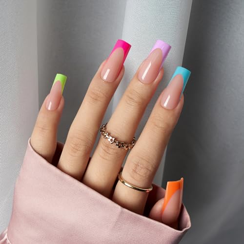 BTArtboxnails Long Square Pastel Fake Nails 160Pcs with French Peach Variation