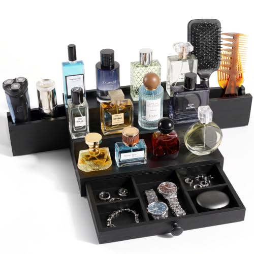 Men's 3-Tier Black Cologne Organizer Stand - Solid Pine Wood, Dual Drawers