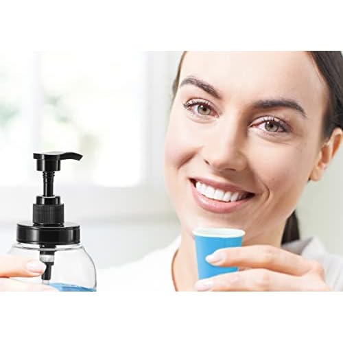 Mouthwash Dispenser for Bathroom,Mouth Wash Pump Bottle with Stainless Steel Cup Holder,24 OZ Refillable Clear Mouthwash Container(2Pack)