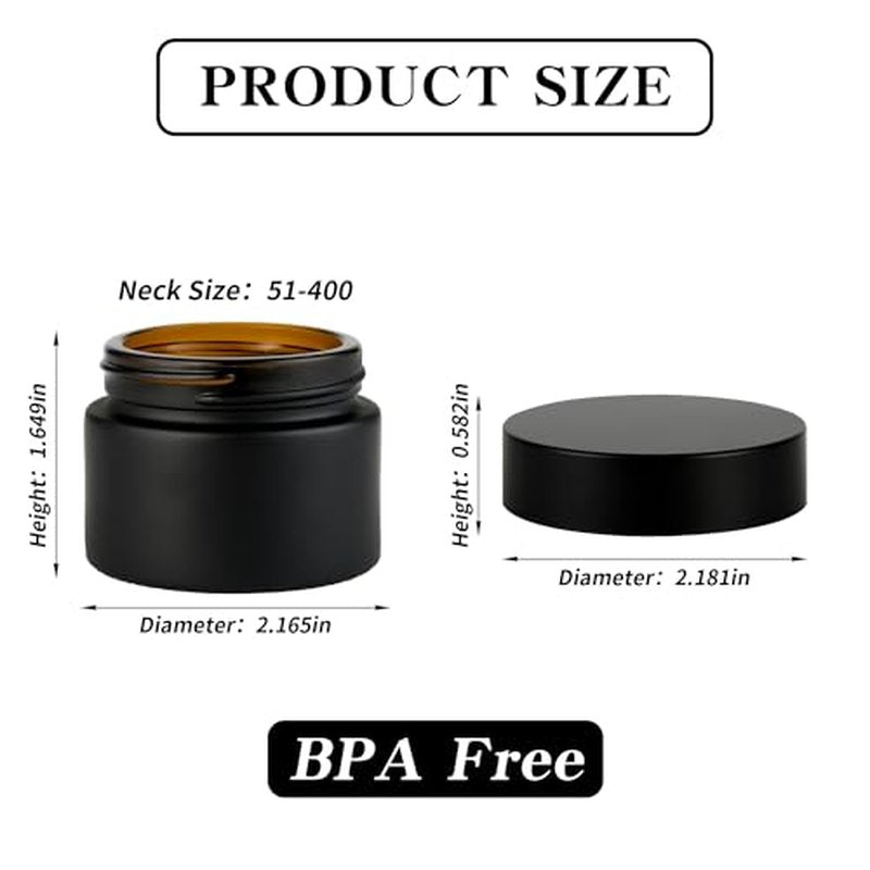 2 oz Reusable Black Glass Container Jars 24 Pack with Wide-mouth Leak Proof Cap and Inner Pull-On Lid for Travel Storage Makeup, Face Creams, Body Lotions, DIY Crafts or Others