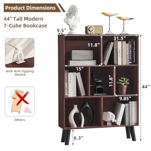 Walnut Cube Bookshelf with Legs - Mid-Century Modern 7 Cube Storage