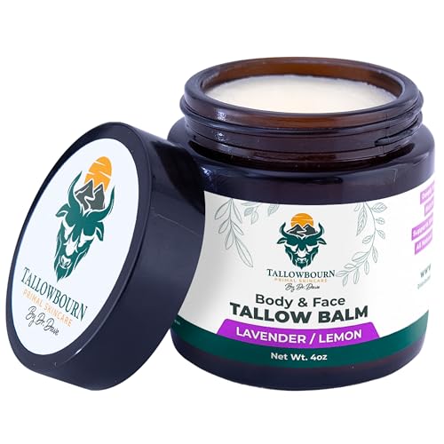 Grass Fed Beef Tallow Balm for Face and Body with Shea Butter, Organic Jojoba Oil, Honey, and Beeswax ? Beef Tallow for Skin ? Lavender and Lemon ? 4 oz