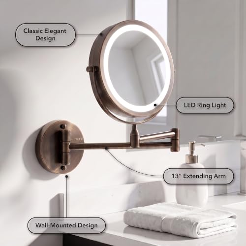 Wall Mounted Lighted Makeup Mirror - 7 Inch, 8.5 x 6.8 Inches, 7X Magnification, Antique Bronze