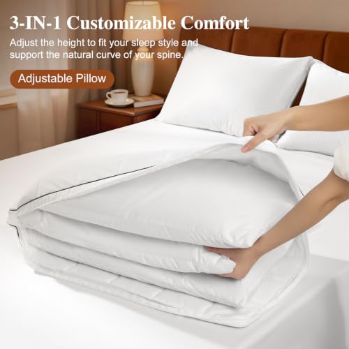 LIANLAM White-Ivory 3-Layer Adjustable Queen Down Pillow with Cooling Fabric, Pack of 1