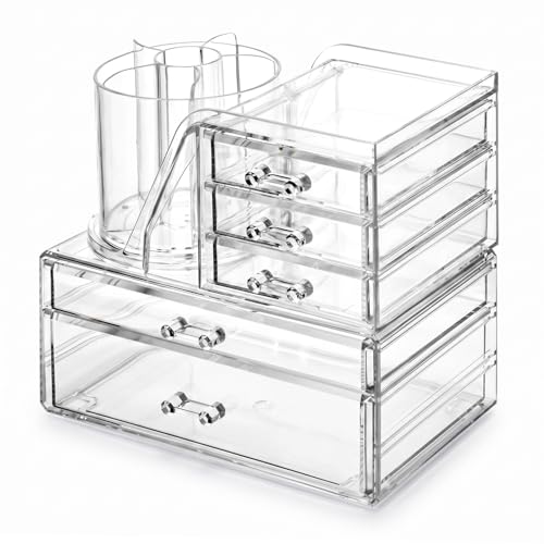 Acrylic Makeup Organizer 2 Tiers & 5 Drawers with Rotating Brush Holder - Clear Vanity Storage, Stackable & Space Saving, Variation: 2 Tiers 5 Drawers