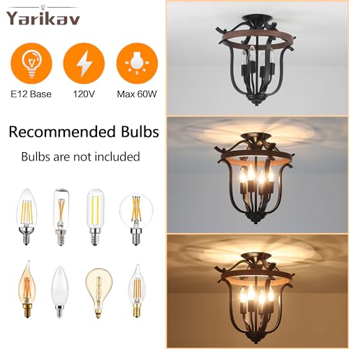 Yarlkav Farmhouse 4 Light Cage Chandelier - Black & Imitation Wood Grain Rustic Pendant Light Fixture, Dimmable Ceiling Light for Dining & Kitchen