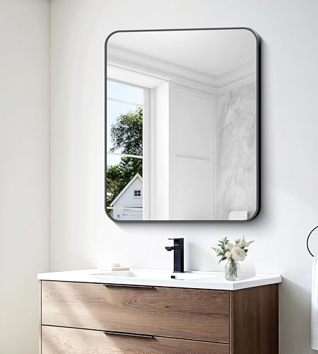 30x36 Inch Black Bathroom Mirror - Rounded Corner Wall Mount Vanity Mirror with Frame, Horizontal or Vertical Hang, Safety Glass