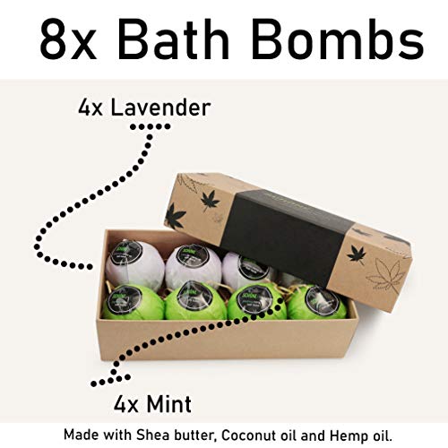 Hemp Bath Bombs Set for Muscle Relaxation & Stress Relief - 8 Large Vegan Fizzy Spa Gifts