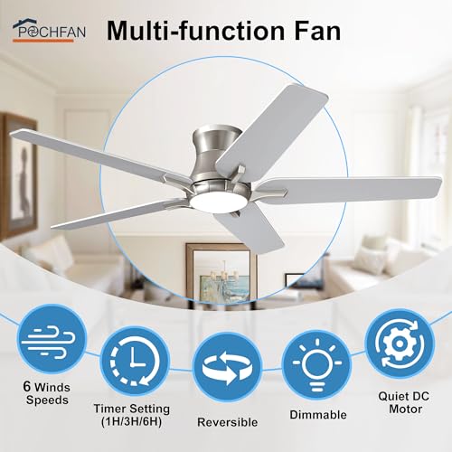 52 Inch Ceiling Fan with Lights and Remote - Brushed Nickel Flush Mount Low Profile Dimmable 6 Speeds