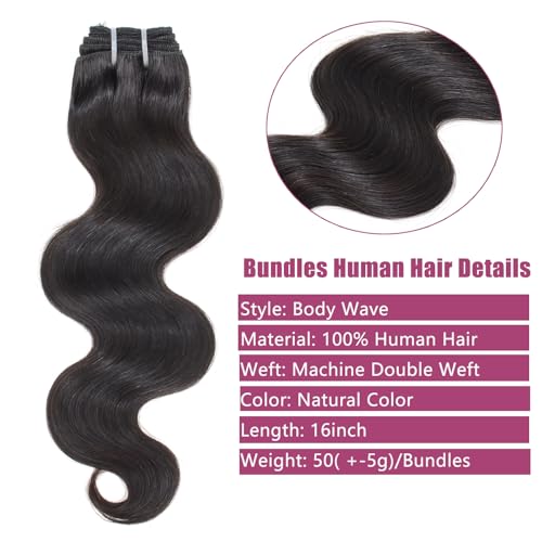 Body Wave Human Hair Bundles - 16 Inch 100% Virgin Brazilian Black Hair