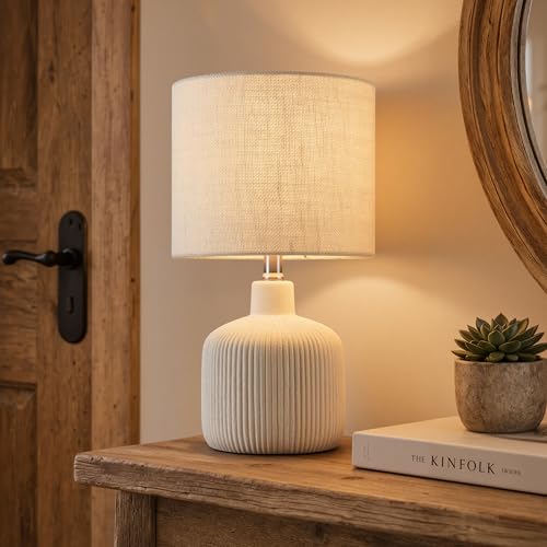 KAWOTI Off-White Ceramic Table Lamp - 17.75" Rustic Farmhouse Decor