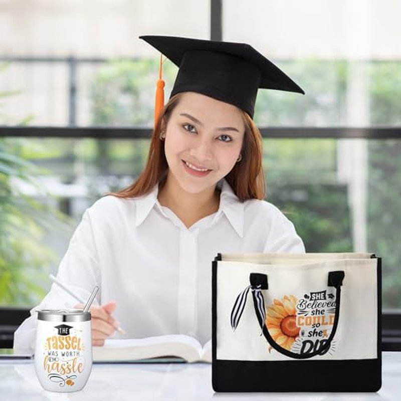 10 Pcs Graduation Gifts for Women Include Tote Bag Makeup Bag Tumbler Candle Ring Tray Keychain and Socks Congratulations Graduation Gifts for 2026 Graduates(Classic,Black)