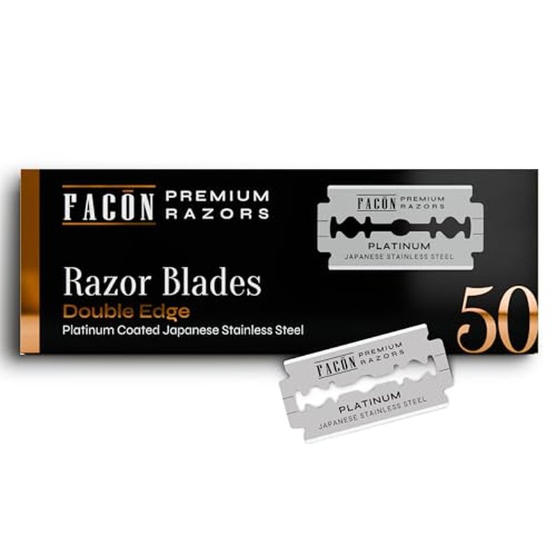50 Fac?n Double Edge Razor Blades for Safety Razor, Safety Razor Blades for Shaving, Platinum Japanese Stainless Steel for Smooth & Precise Shave, Premium Replacement Razor Blade for Men & Women