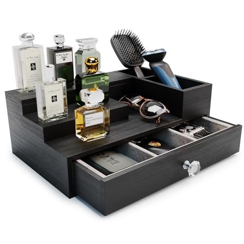 Wooden Cologne Stand Organizer with Hidden Drawer - Black, 01