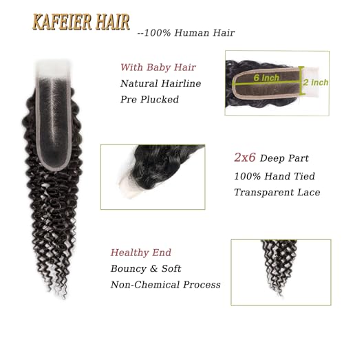 KAFEIER 2x6 Curly Closure Hair 18 Inch Natural Black Brazilian Virgin Remy, Pre-Plucked Hairline